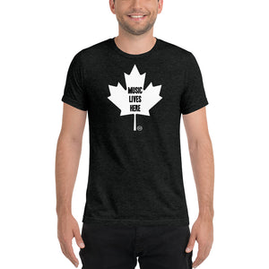 Canada "MUSIC LIVES HERE' Black Maple Leaf - Triblend T-Shirt