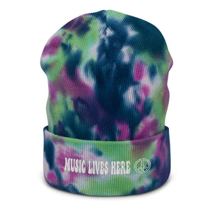 A Groovy "MUSIC LIVES HERE" Tie-dye beanie